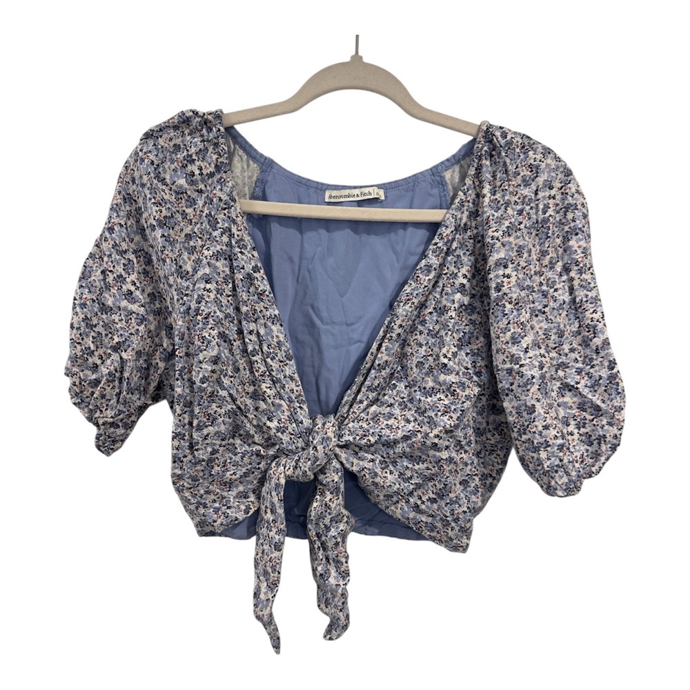 Abercrombie & Fitch Blue Floral Tie Front Puff Sleeve Crop Top Small Womens